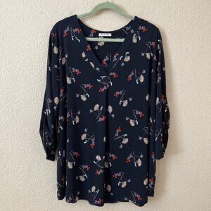 Beacon Size 3X Women Navy Blue Floral V-neck Stretch Tunic Blouse Top